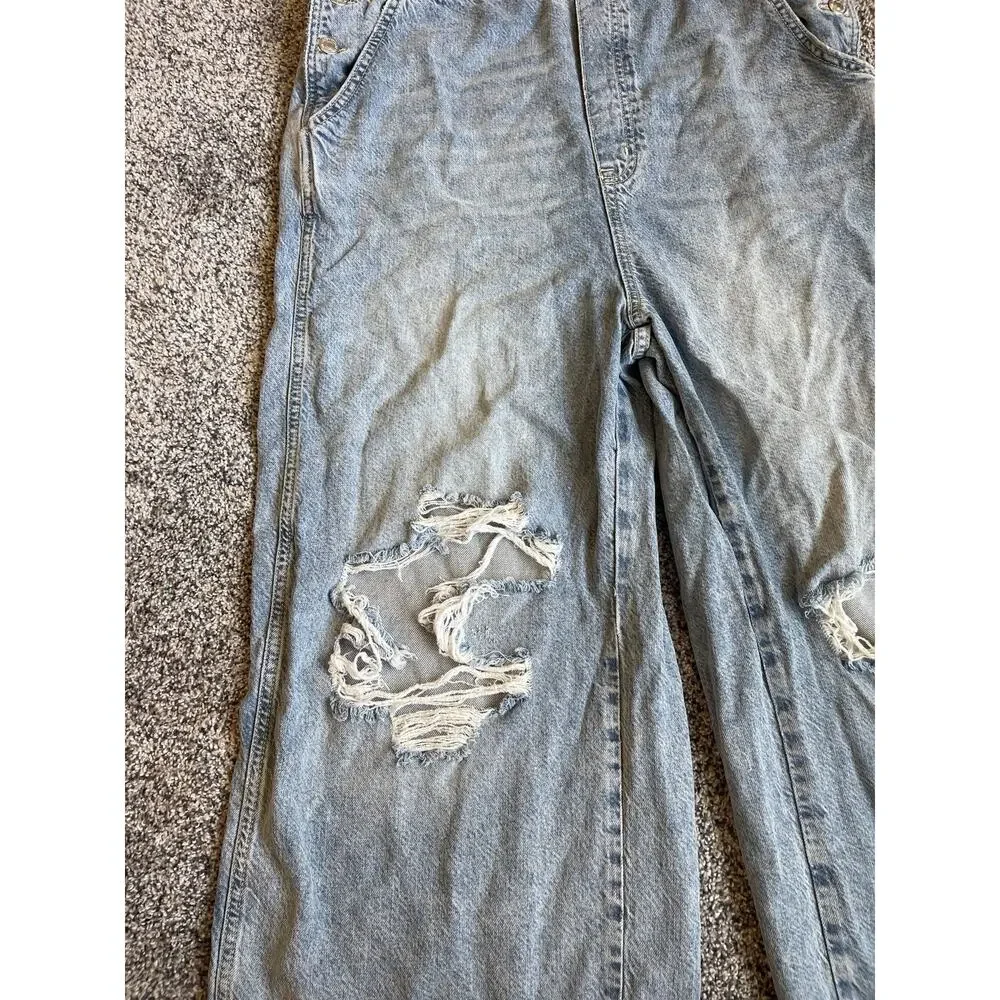 Free People Light Blue Distressed Denim Overalls